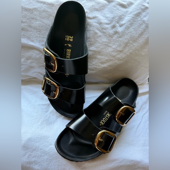 Birkenstock Black and Gold Sandals with Contoured Footbed - Picture 5 of 8